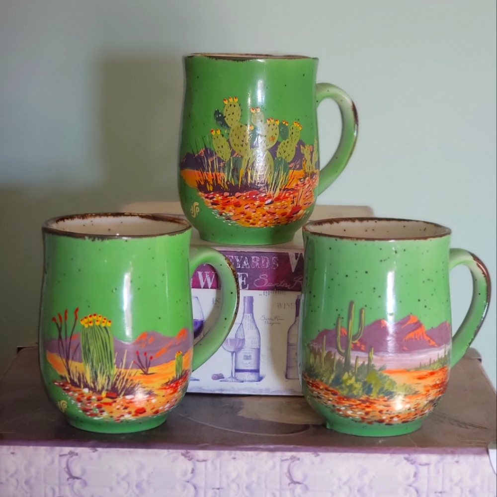 Set of three ceramic mugs Cactus theme. Vintage.